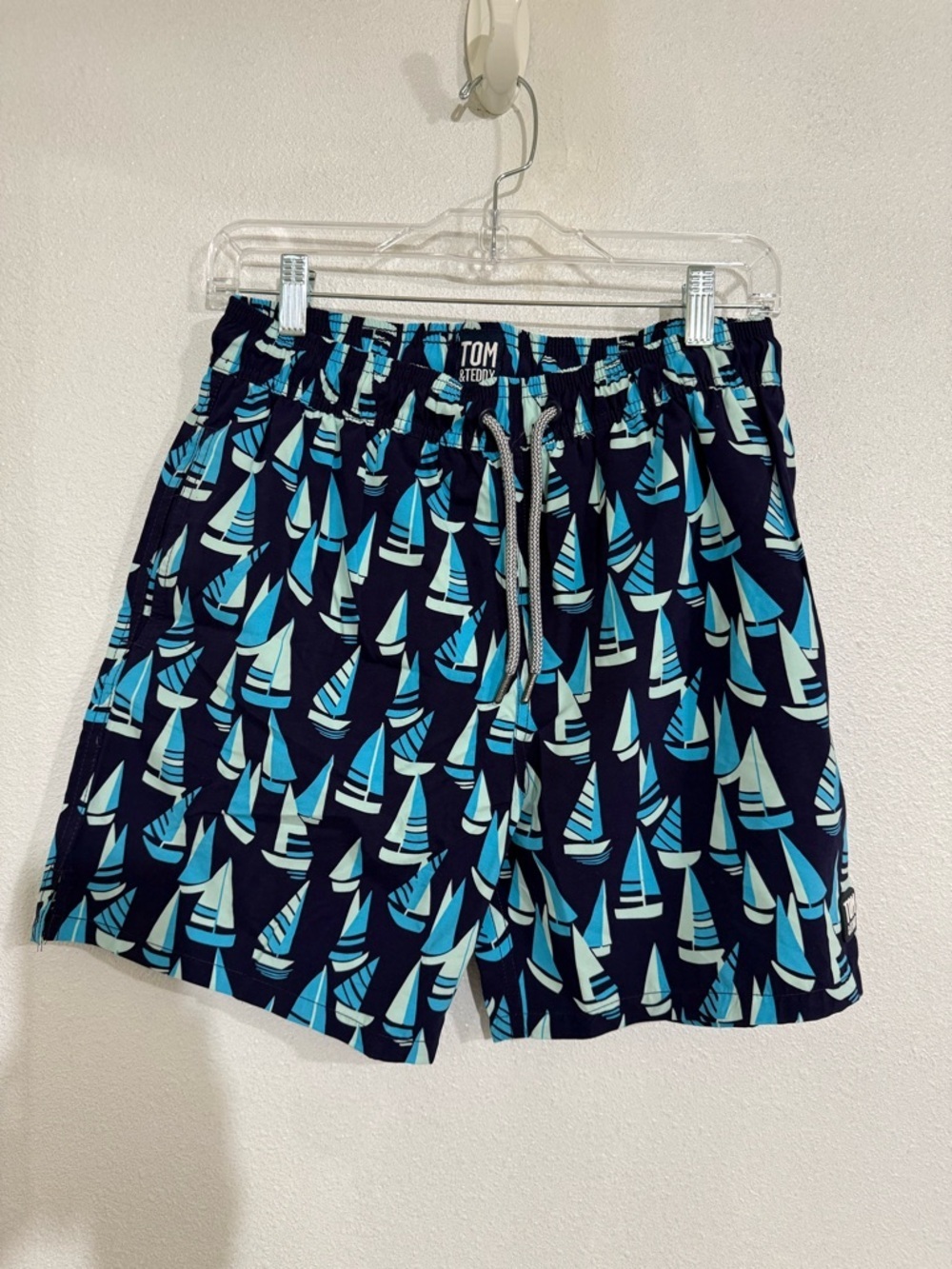 Tom & Teddy Navy Swim Trunks with Light Blue Sailboat Print